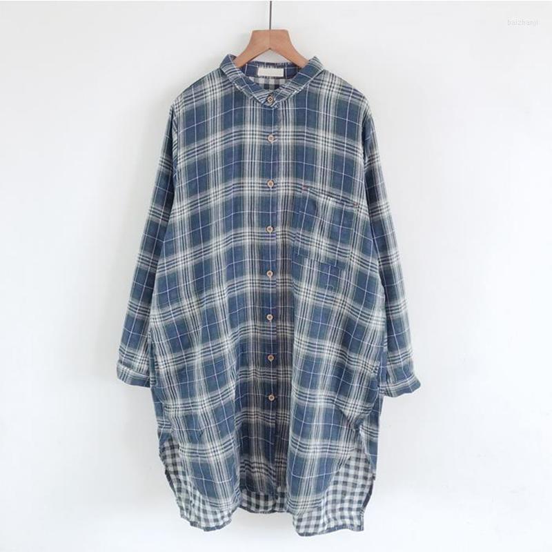 

Women's Blouses & Shirts Autumn Literary Women Long Sleeved Loose Turn-down Collar Leisure Cotton Plaid Mid-length Blouse Female Tops Blusas, Red