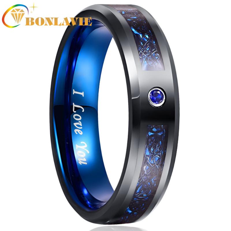 

Wedding Rings Men's 6mm Blue Carbon Fiber Black Tungsten Carbide Ring Comfort Fit Band For MenWedding