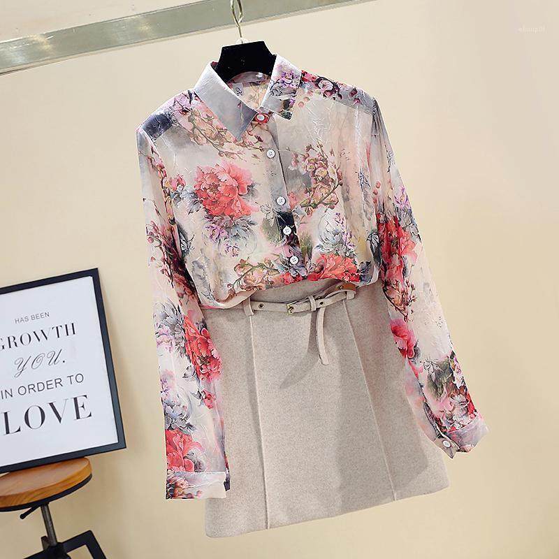 

Women's Blouses & Shirts Spring Summer Flowers Chiffon Shirt Thin Large Size Printed Wild Long-sleeved Sunscreen Women GD445, Photo color