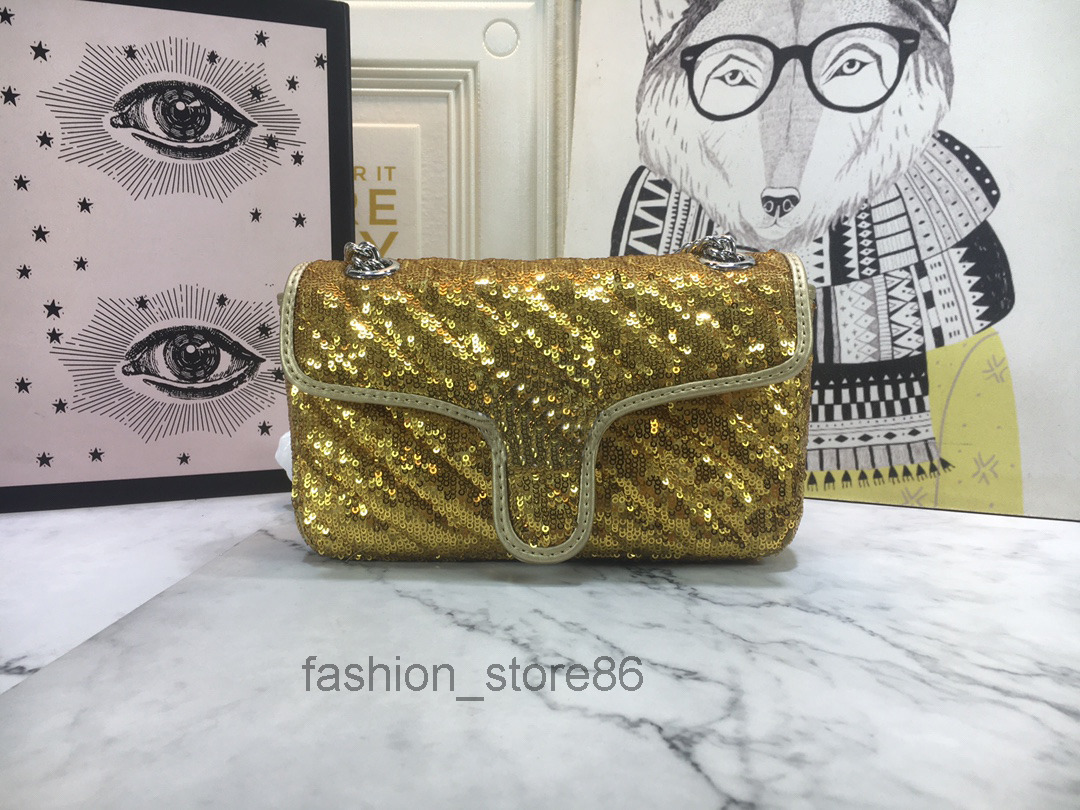 

designer bags Marmont sequin embroidered quilted silk Sliding chain strap Metal lady pocket Flap top, Gold