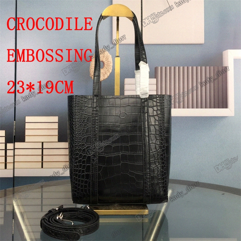 

Everyday XS Tote Bag black calfskin Designer Luxury Extra small shopping bag Adjustable removable strap Interior zip pouch embossed logo Crocodile emb L0nX#