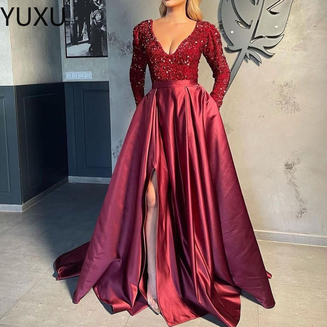 Robe de bal à manches longues col en V dentelle sirène robes de bal paillettes filles noires dentelle appliques fendues paillettes balayage train