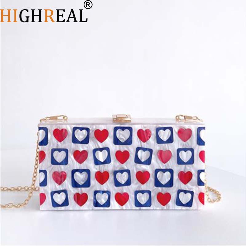 

Fashion Women Bag Cute Love Acrylic Chain Handbags Luxury Square Party Wedding Casual Box Clutch, As pic