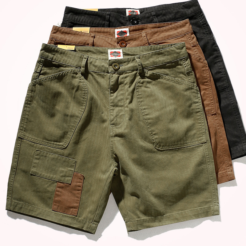 

Summer Shorts Men's Five-point Pants Personality Trendy Patch Pure Cotton Old Khaki Retro Tooling Casual Knee Length Pants, Army green