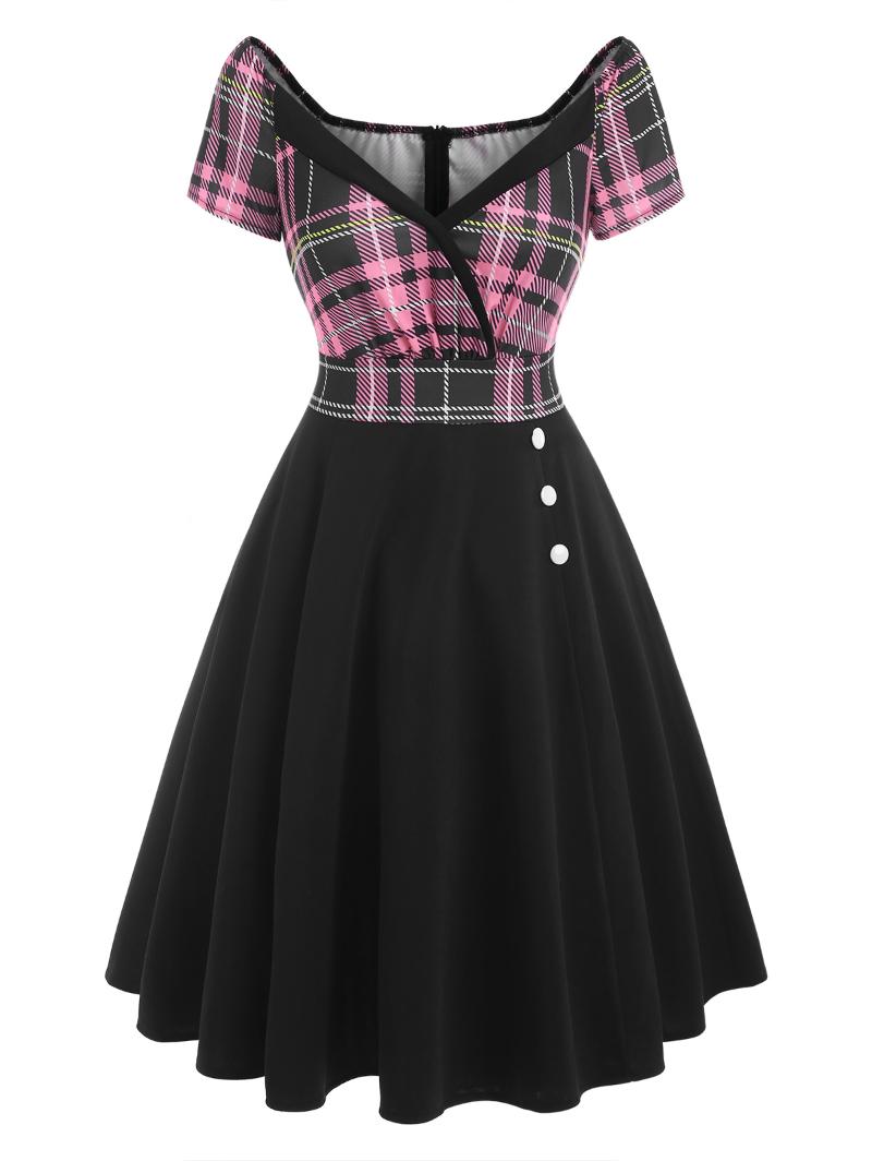 

Party Dresses Wipalo Gothic Dress Women Plaid Flower Print Plunging Mock Button Short Sleeves High Waisted Casual Femme 3XL, Multi