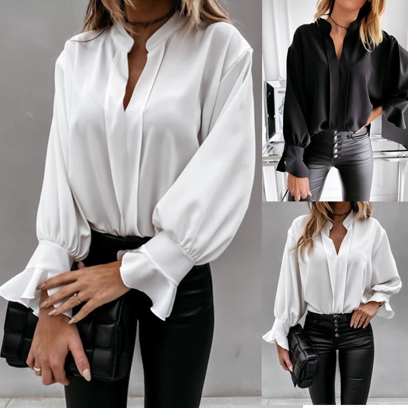 

White Long Sleeve Blouse Women Top 2022 Spring Fashion V-Neck Ruffle Sleeve Baggy Shirt Office Lady Elegant Black Business Shirt