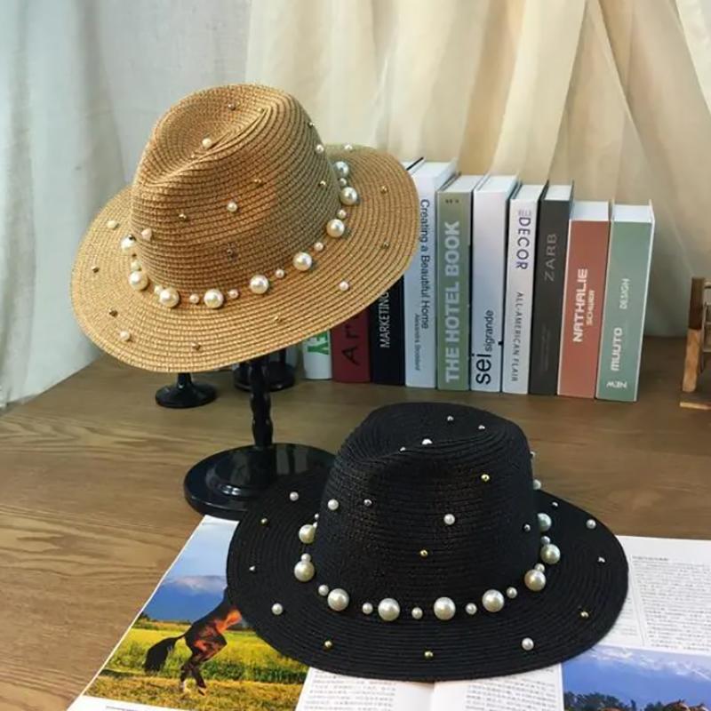 

Wide Brim Hats 2022 Summer British Pearl Beading Flat Brimmed Straw Sun Hat Lady Panama Beach Sunscreen Fashion Jazz Cap, White