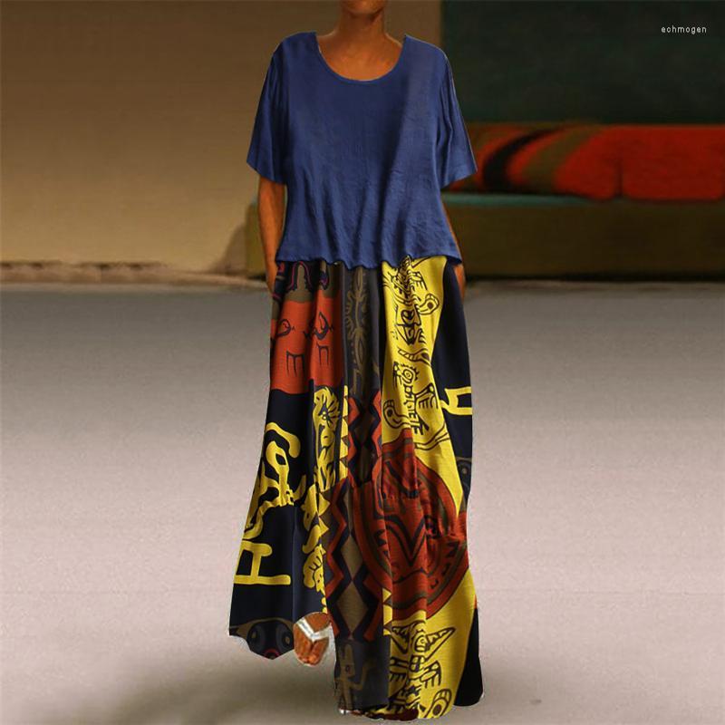 

Plus Size Dresses Long Printed Maxi Dress Women O-neck Short-Sleeved Casual Two-Piece Cotton And Linen Vintage Floral Vestidos Echm22, Blue
