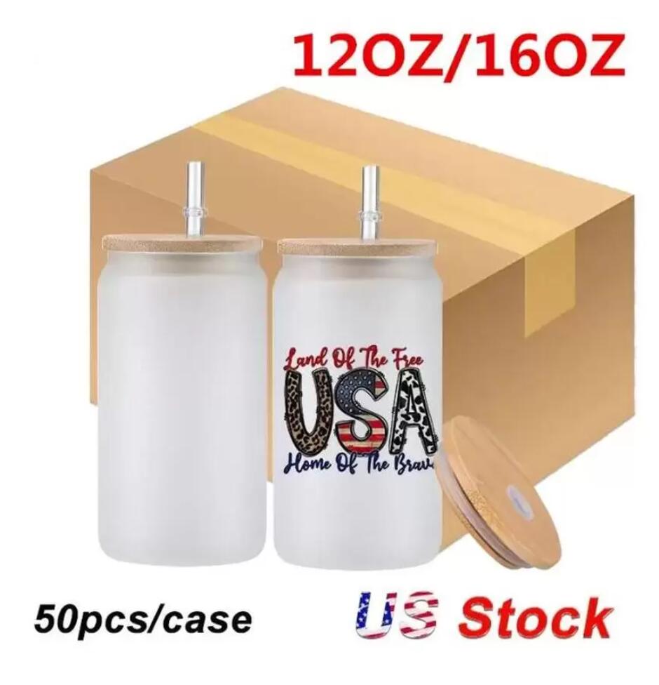 

Ship From USA Glass Cups with Lids and Straws 12oz 16oz Drinking Glasses Beer Can Glasses With Bamboo Lid Reusable Straw F0702, 16oz with lids and straws