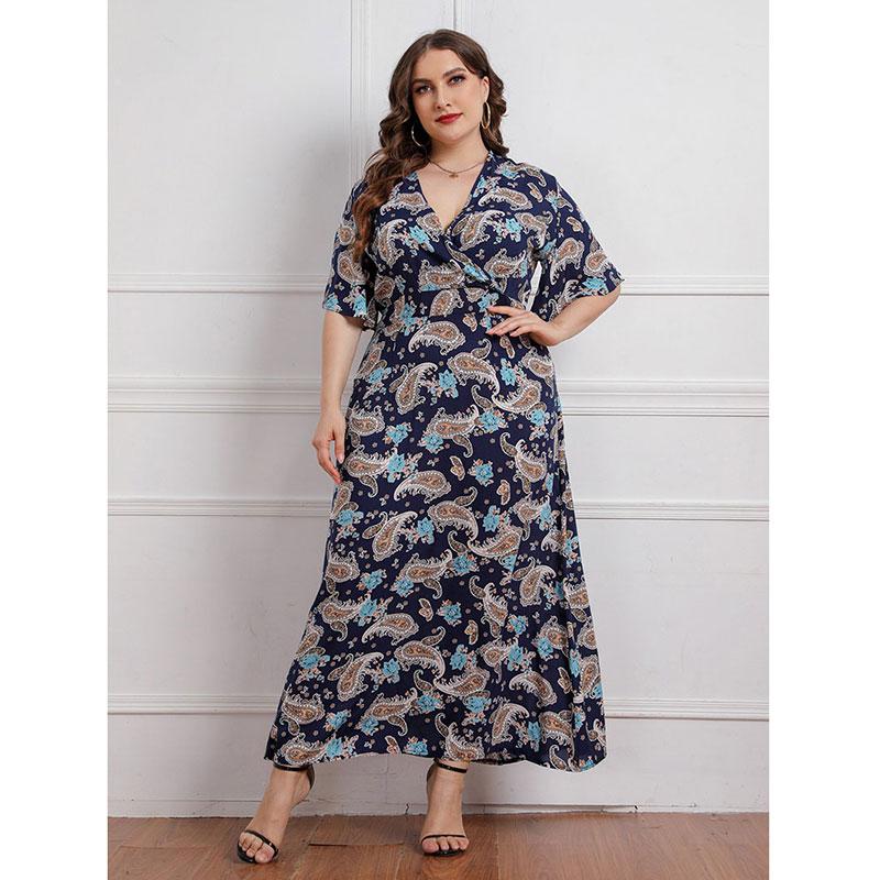 

Plus Size Dresses Summer 2022 Women Sexy V Neck Long Dress Elegant Floral Short Sleeve Maxi Female Clothing Ladies -5XLPlus, Blue
