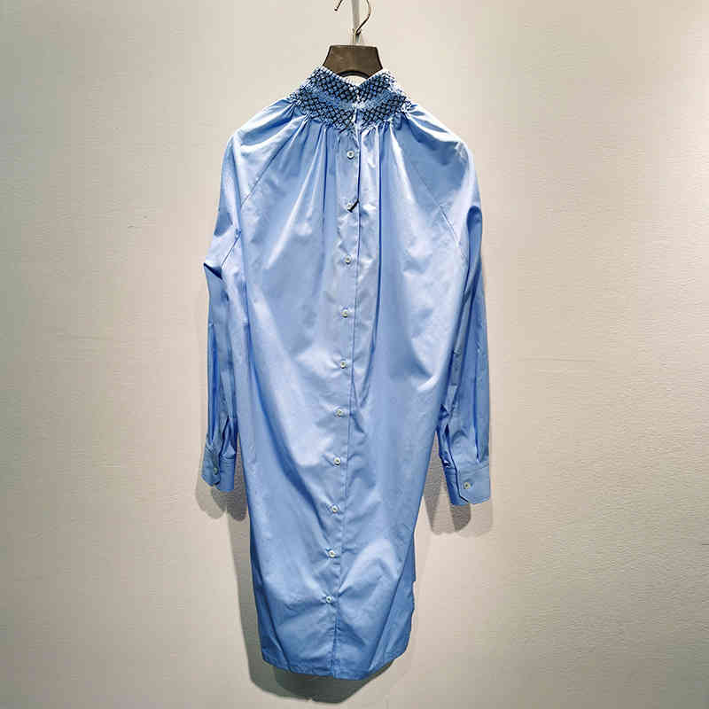 

summer new heavy industry embroidery loose cable medium length shirt skirt dress women, Blue