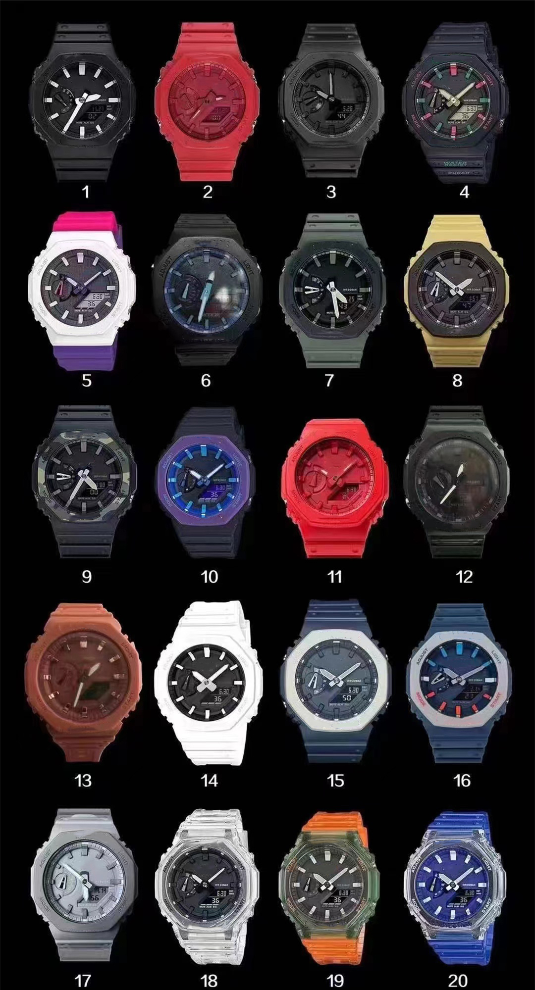 Full Feature Sports Quartz Digital Men's Watch LED Waterproof World Time Iced Out Watch Automatic Hand Lift Light Oak 2100 Series