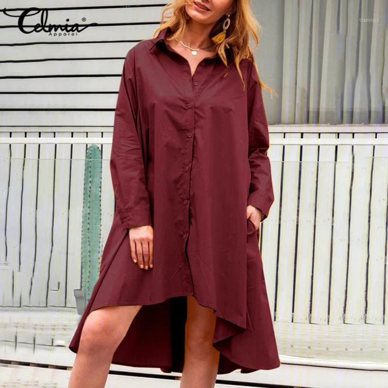 

Casual Dresses Shirt Dress Celmia Women 2022 Summer Asymmetrical Long Sleeve A-Line Midi Vestidos Button Pocket Vintage Loose Work, Black
