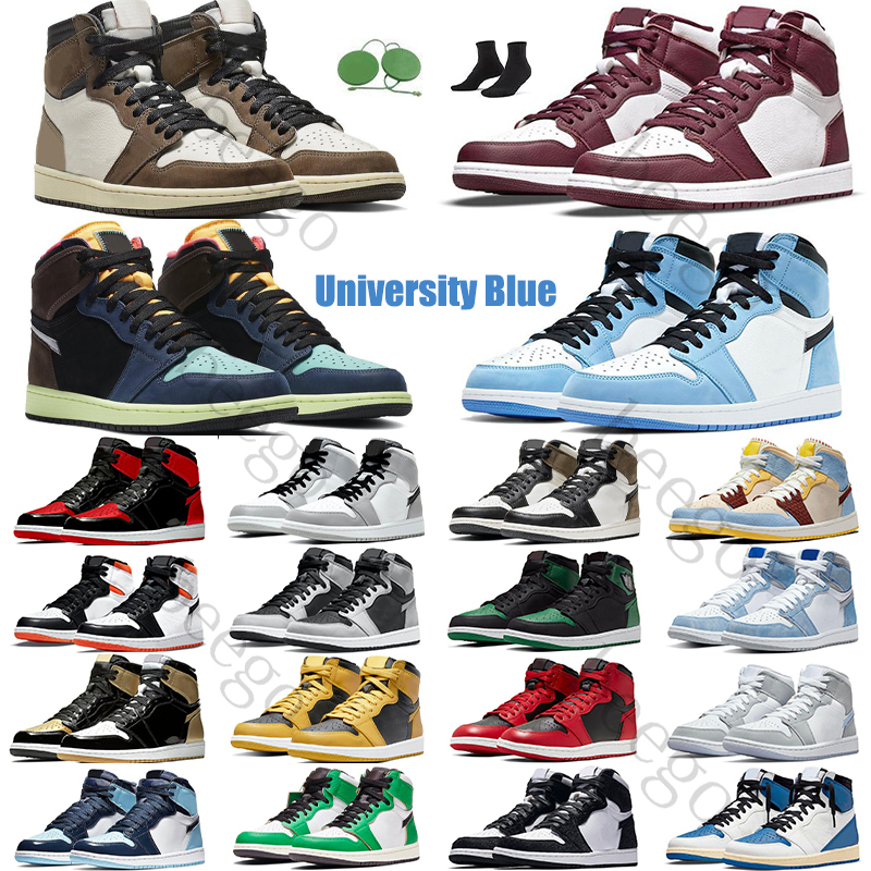 

high 1 1s basketball shoes women men for travis scot fragment design retro jumpman dark mocha satin black toe obsidian unc white university blue red sneakers jordan, Bubble bag + shoe box