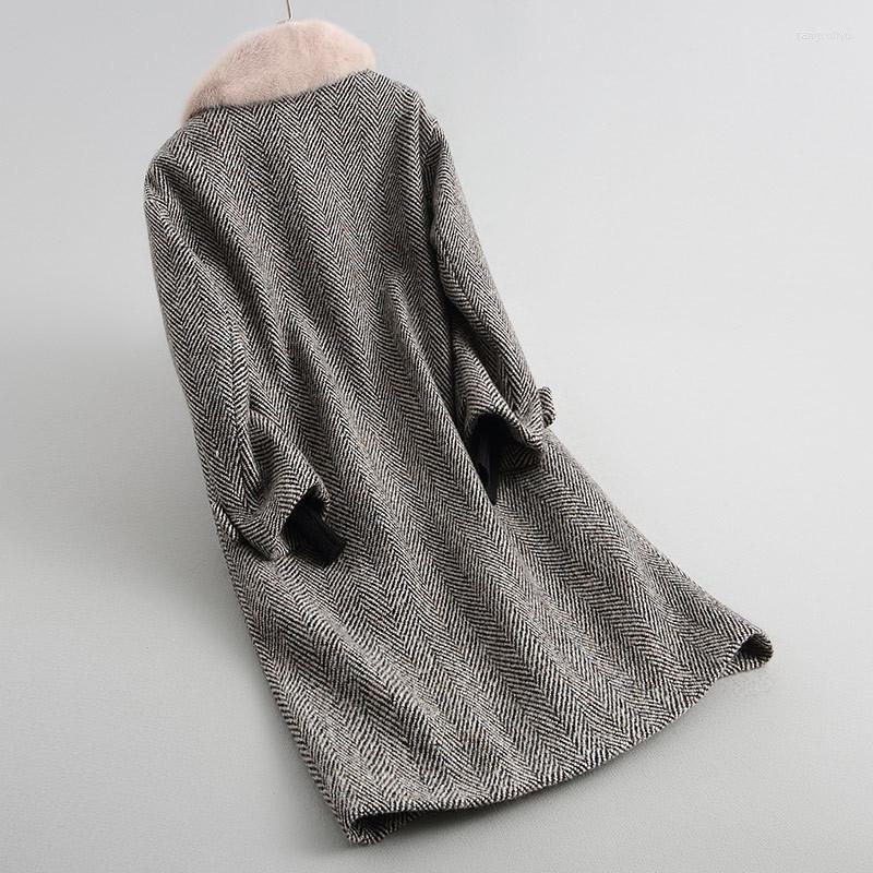 

Women' Fur & Faux Tweed Wool Real Coat Detachable Natural Lamb Liner 2022 Long Winter Jacket Women Mink Collar 18122 WYQ1933, Gray
