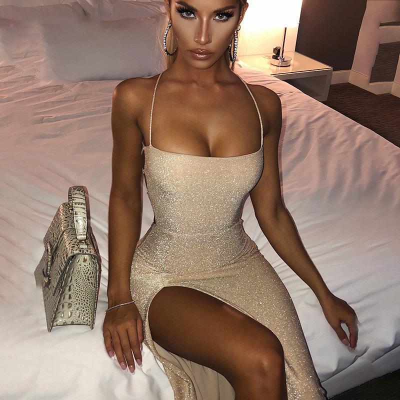 Robes décontractées longue dos nu Maxi robe femmes Spaghetti sangle haute fendue moulante pansement été élégant mince fête VestidosCasual