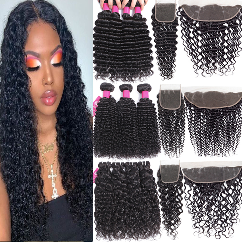 

Brazilian Human Hair Bundles with Closure 4X4 Lace Closure or 13X4 Lace Frontal Kinky Curly Deep Wave Loose Straight Body Wave Virgin Human Hair