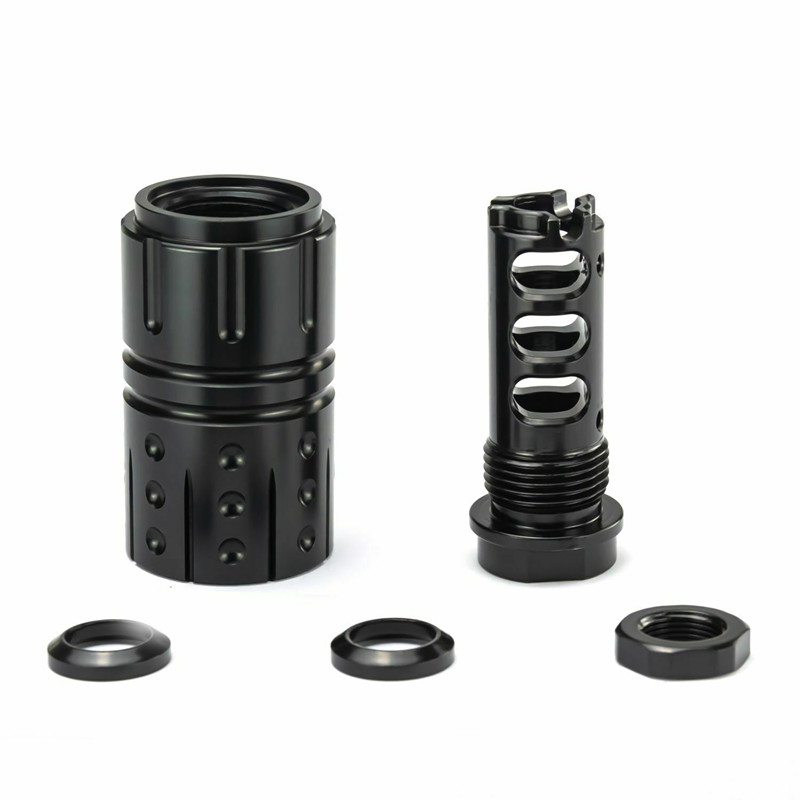 

Stainless Steel Muzzle Brake 5/8-24RH to 13/16-16 Outer Sleeve With Aluminum Crush Washer Jam Nut for .308 .45 ACP, Black