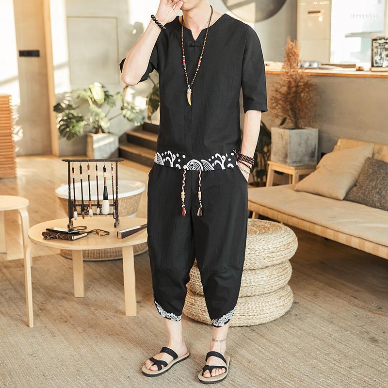 

Men's Tracksuits 2022 Summer Chinese Style Cotton Linen Tang Suit Shirt And Loose Harem Pants Streetwear Mens Clothing, Gray