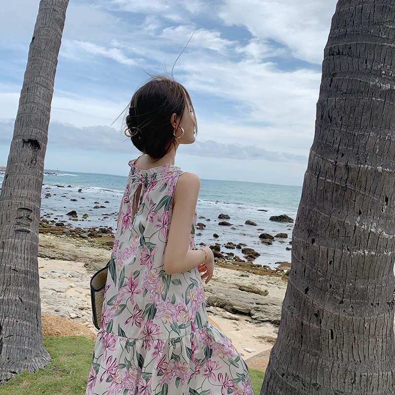 

French Niche Flower Halter Spaghetti Straps Dress Summer Long Loose Sleeveless off-Shoulder Seaside Vacation Fairy Dress, Red flower