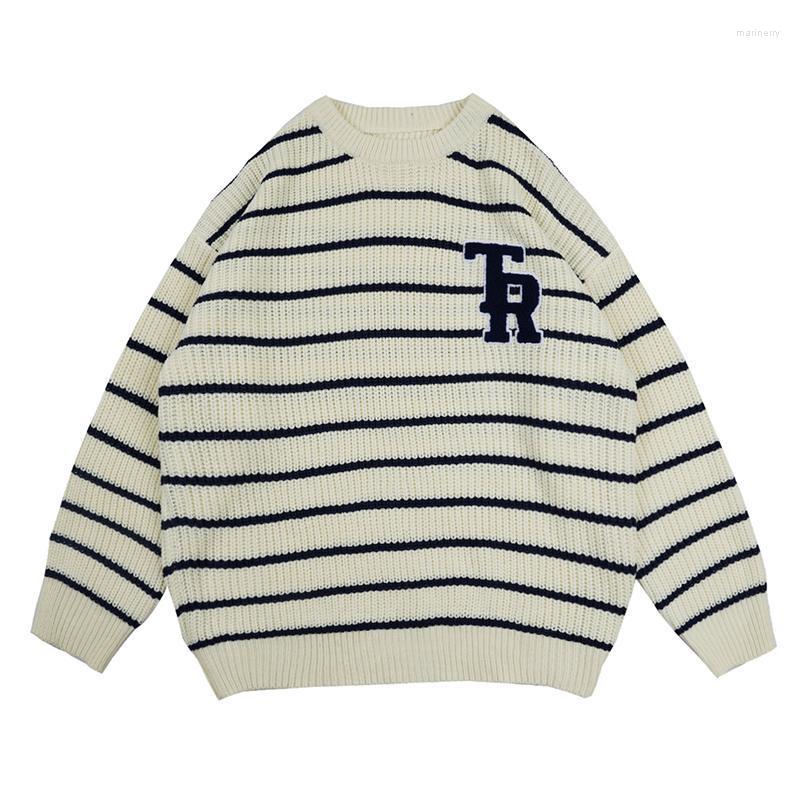 

Men's Sweaters Letter Embroidery Striped Round Neck Long-sleeved Sweater Men's Fall Knit Pullover Korean Casual Oversize Couple Mari22, White