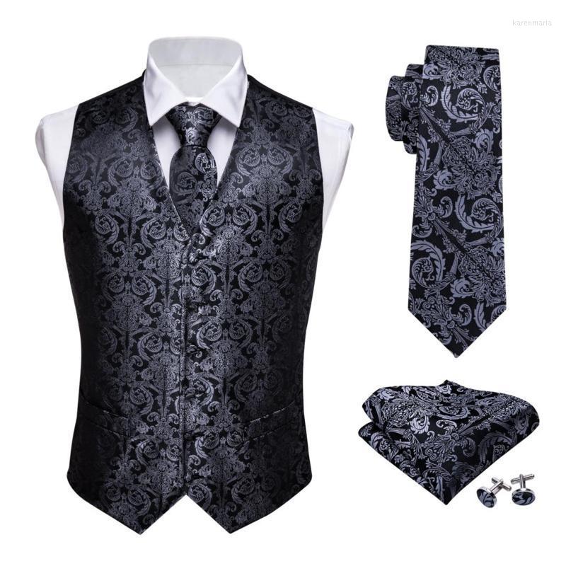 

Men' Vests Designer Mens Classic Black Paisley Jacquard Folral Silk Waistcoat Handkerchief Tie Vest Suit Pocket Square Set Barry.Wang Kare2, Mj-2008