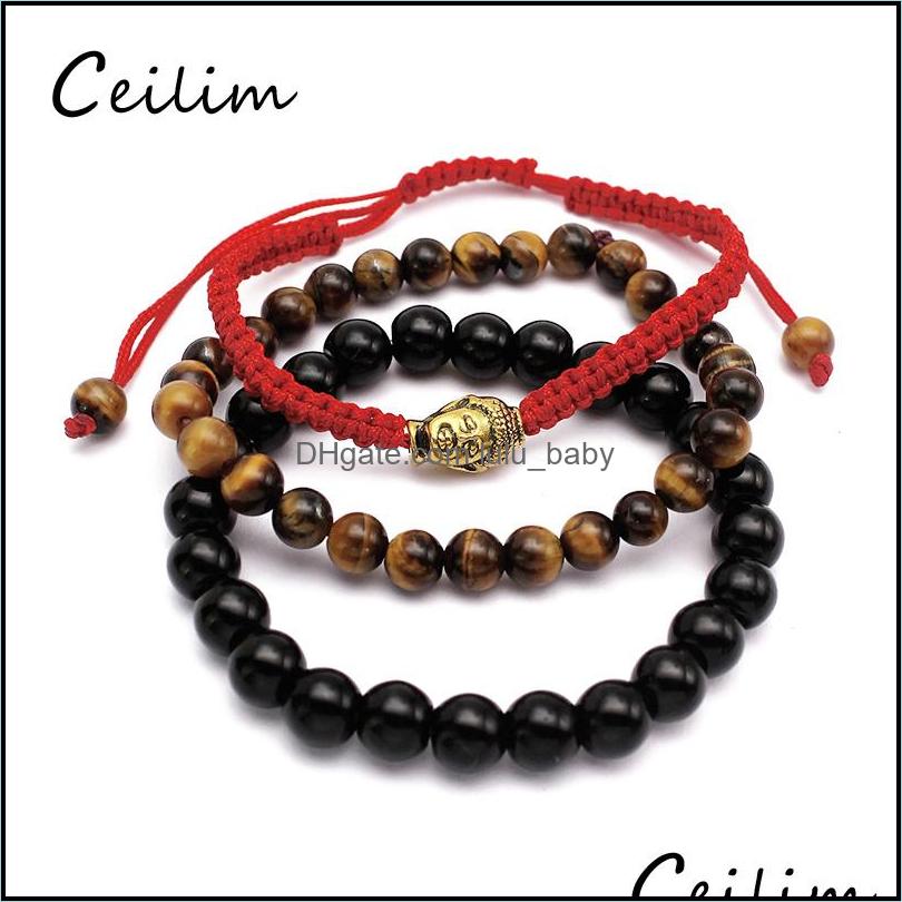 

Beaded Strands Bracelets Jewelry New Fashion 3 Piece/Set Buddha Chakra Bracelet For Women 6Mm Tiger-Eye 8Mm Black Stone Bead Charm Yoga W