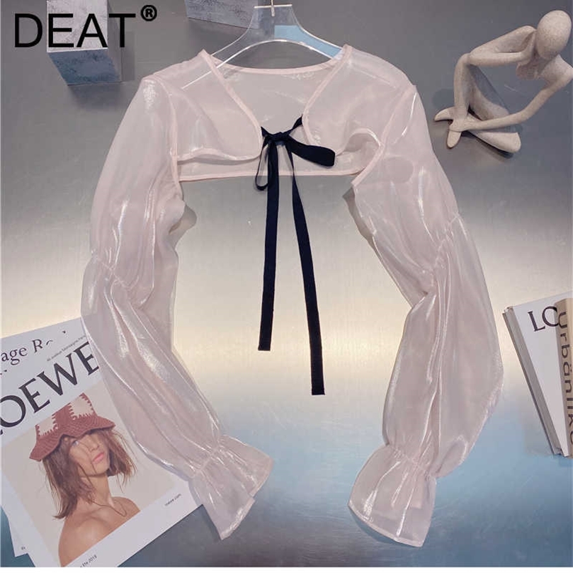 

DEAT Women Bandage Sun Protection T-shirt Solid Color Round Neck Long Sleeve Fashion Temperament Spring Summer 11D991 210709, Pink