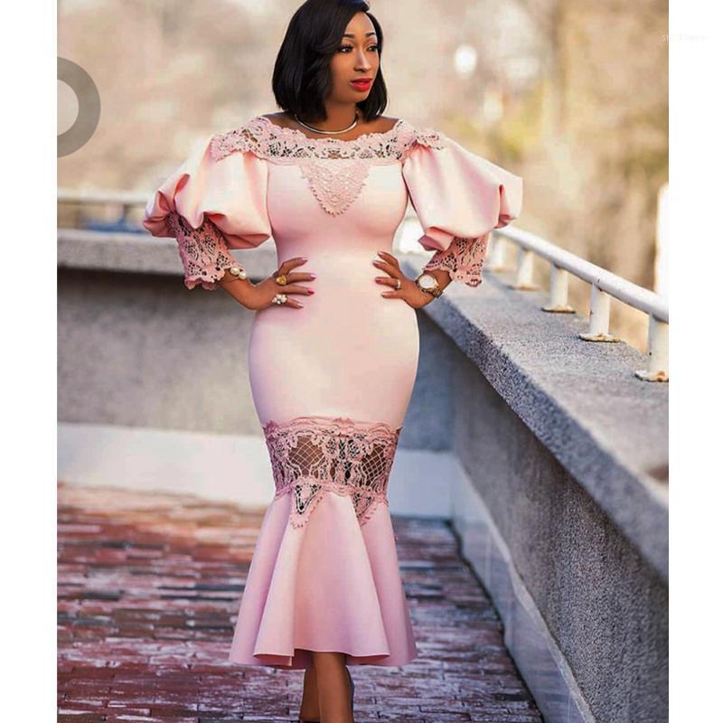 

Lugentolo Sexy Party Dress Women Elegant Slim Fashion Stitching Lace Puff Sleeve Solid One Word Collar Pencil Dresses Casual, Pink
