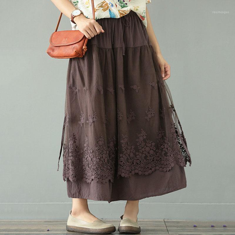 

Spring Embroidery Floral Skirt For Women Midi Skirts Summer Korean Style High Waist Lace Clothes, Khaki