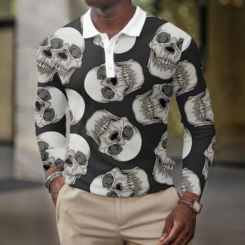 

Men's Polos Thin Tee Shirts Men Male Fall And Winter Button Down Shirt Lapel Halloween Festive Full Print Long Warm MenMen's, Black