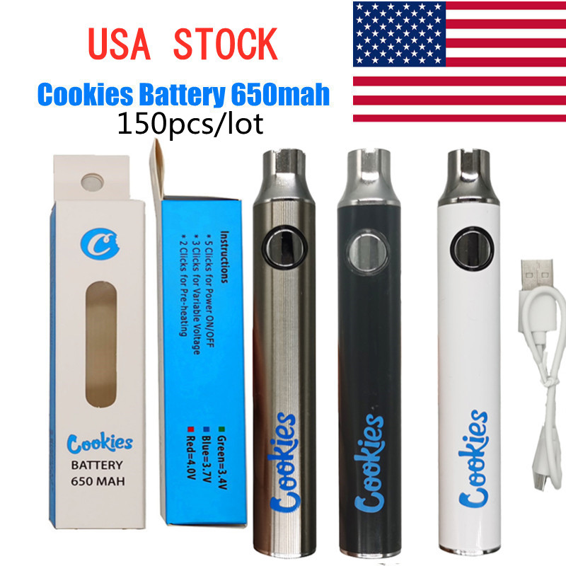 

Cookies Vape Battery Preheating 510 Thread Vapes Pen Batteries E-Cigarettes Starter Kits Rechargeable 650mAh Adjustable Voltage Vaporizer USB Cable 150pcs/lot
