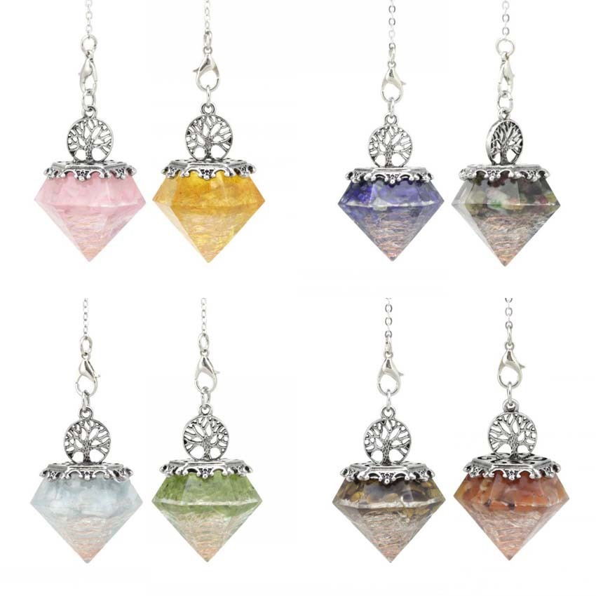

Crystal Pendulum Pendant With Chain 6 Facet Healing Pointed Tree Of Life Resin Chip Stones Reiki Pendulum For Spiritual Balancing