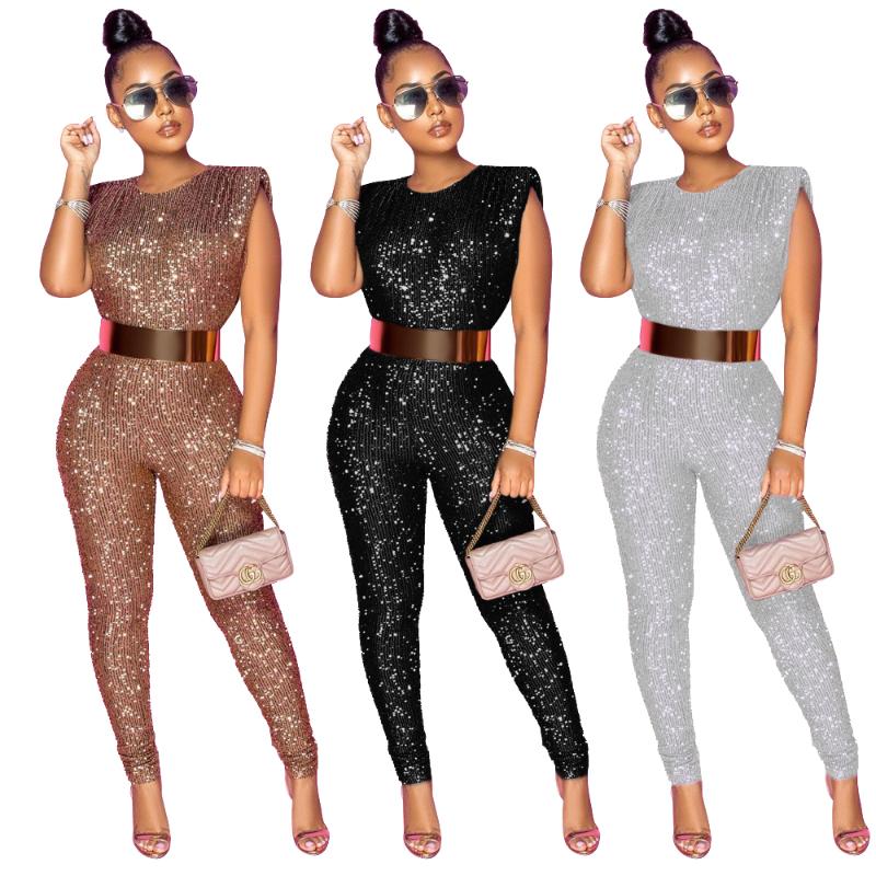 

Women' Two Piece Pants Women' Clothing High Waist Bodycon Shinny Elegant Sleeveless Sequins Jumpsuits Sexy Evening Night Club Bodysuit, Black