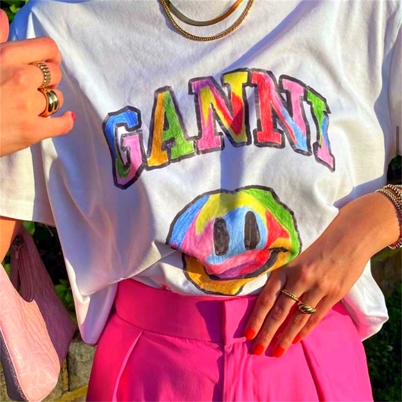 

Vintage Style Colorful Letters and Smile Face Printing Women Y2K Street Tshirts Summer Short Sleeve Loose Cotton Aesthetic Tees 220627, Gold-cottagefrog