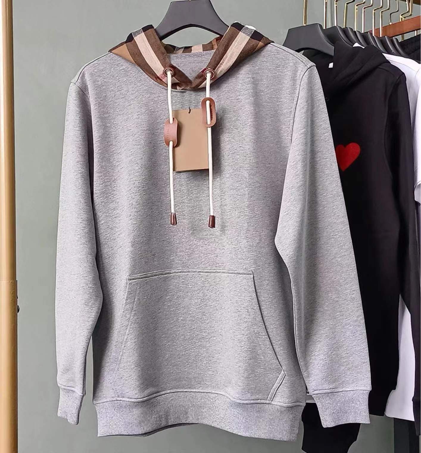 

Men's Hoodies Sweatshirts Tide Brand Hooded Sweater Classic Plaid Stitching Loose Os Pullover Men Women Fashion Cotton Jacket PNI4, Gray