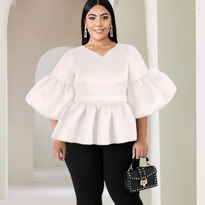 

Plus Size T-Shirt Blouse V Neck Flare Sleeve White Peplum High Waist Ruffle Loose Casual Shirt Spring Autumn Fashion Women Tops Elro22, Red