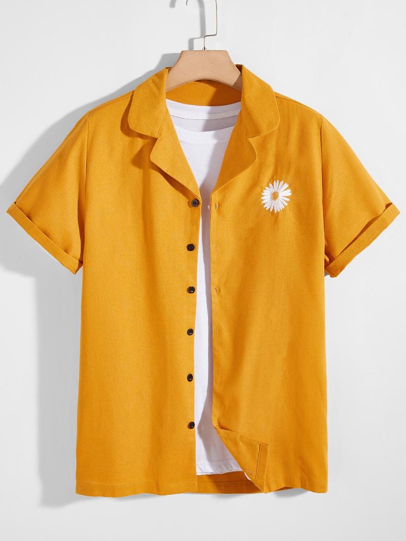 

Men' Casual Shirts Men Quanlity Fashion Daisy Chrysanthemum Embroidered Lapel Japanese Harajuku Daily Causal Personal Collar ShirtMen, Yellow