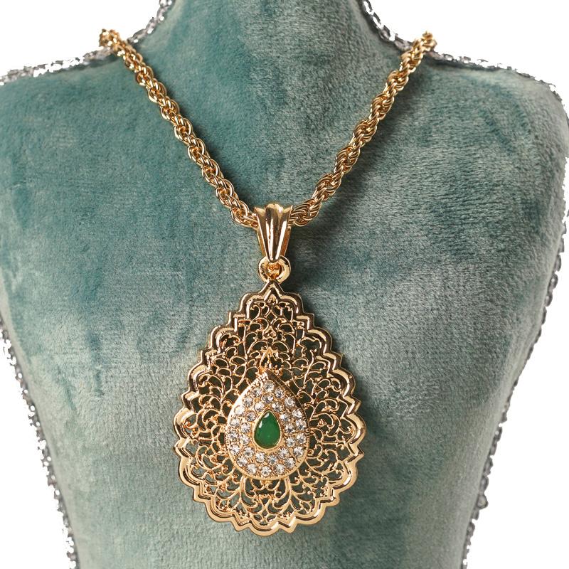 

Pendant Necklaces Water Drop Gold Chains Moroccan Trendy Hollow Out Flower Green Red Stone Necklace In Bridal Jewelry