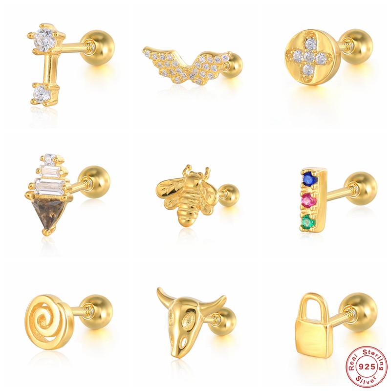 

Stud Aide 925 Sterling Silver Cubic Zirconia Jeweled Angel Wing Earrings For Women Tiny Bull Head Bee Lock Bar Ear Studs JewelryStud