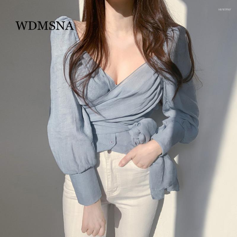 

Women's Blouses & Shirts Puff Sleeve Shirt Top Autumn Elegant Temperament Cross V-neck Blouse Women Straps Slim Waist Irregular Blusas Mujer, White