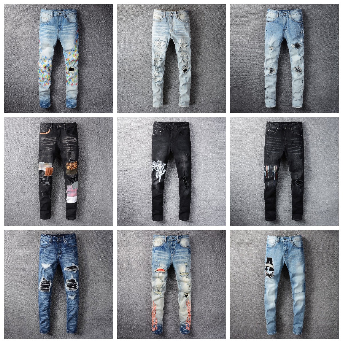 

Mens Designer Jean Man Distressed Ripped Skinny Cowboy Pant AMIRI Jeans Rock Revival Trousers Straight Slim Elastic Denim Fit Moto Biker Pants Trendy Streetwear, Size do not sell