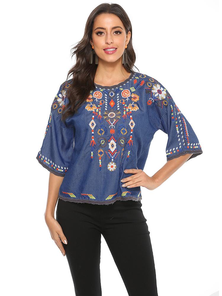 

Women's Blouses & Shirts YOSE Vintage Floral Embroidery Blouse Shirt Blue Denim Summer Mexican Women Holiday Casual 23XL Ethnic TopsWomen's, Sky blue