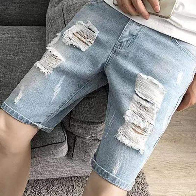 

Men's Shorts Retro And Old Denim Men Five Point Pants Ripped Trend Personality Slim Summer Thin Section 5 Jeans Light Blue, Black