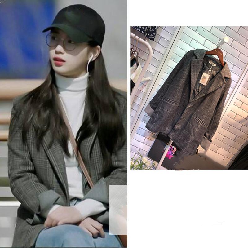 Women's Suits & Blazers Kpop Korea Celebrity Women Pocket Cardigan Plaid Jackets Spring Autumn Casual Fashion Office Ladies Loose CoatWomen&