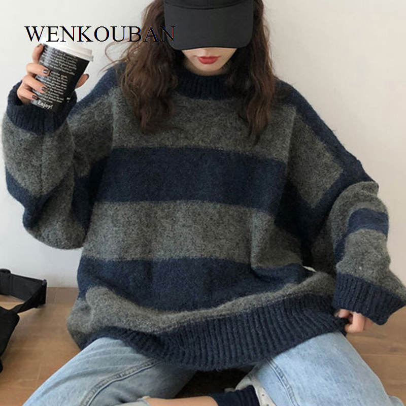 

Women Oversized Sweater Vintage Striped Loose Pullover Streetwear Autumn Knitted Sweater Women Winter Tops Jumper Femme 220816, Ljxwt18 khaki