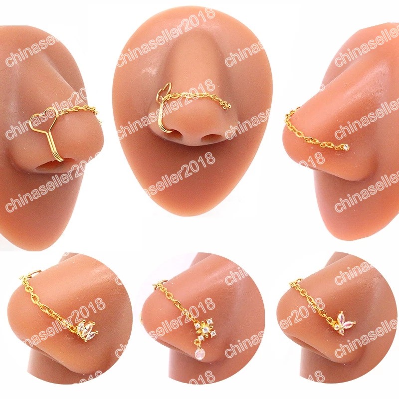 

Jewelry New Sale Zircon Flower Stainless Steel Chain Nose Ring for Women Nose Piercing Jewelry with Chain