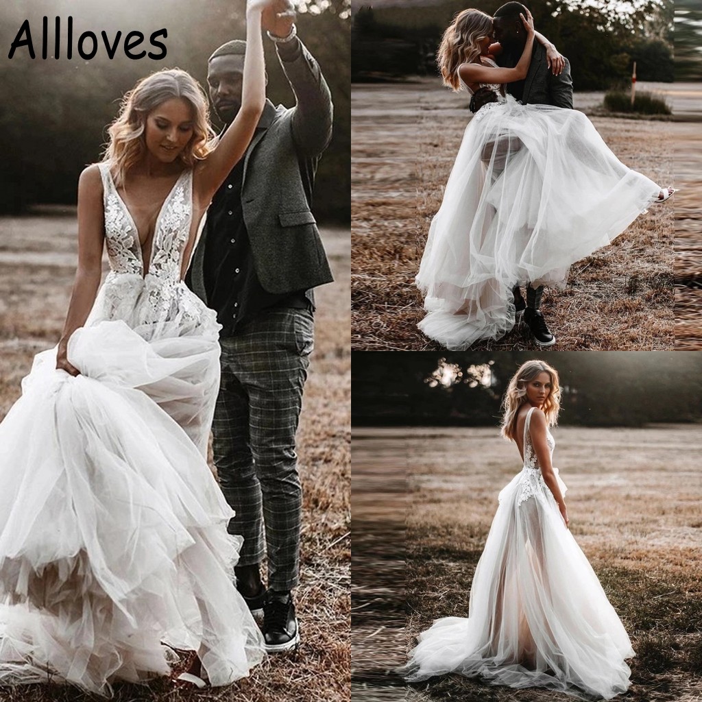 

Romantic Tulle A Line Wedding Gowns Plunging V Neck Sleeveless Bohemian Lace Appliqued Country Bridal Gowns Sexy Open Back Sweep Train Rustic Robes de Mariee CL0604, Gray