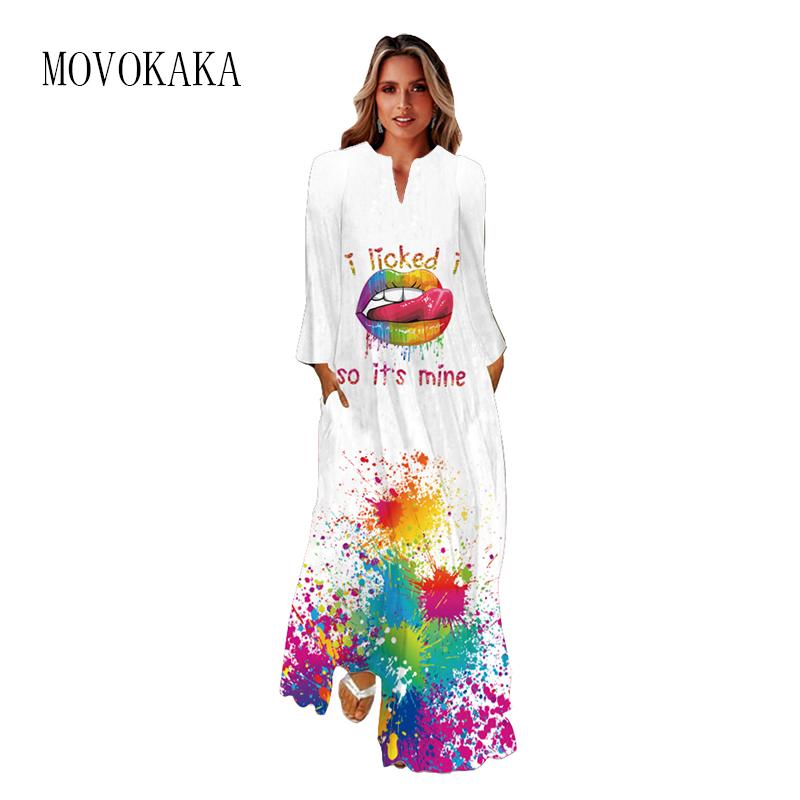 

Casual Dresses MOVOKAKA Spring Autumn 2022 Long Dress White V Neck Sleeved Mouth Print Woman Elegant Breathable Women, Black;gray