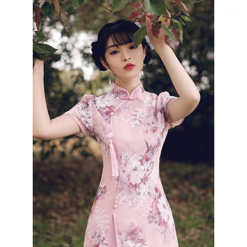 

Ethnic Clothing Embroidery Floral Printed Cheongsams Tulle Vintage Vestidos Improved Qipao Womens Classic Slit Chinese Dresses Party Form Go